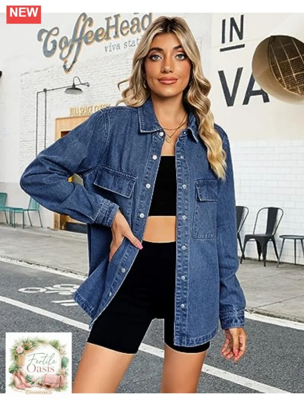 Oversized Cotton Denim Jacket Women Button Down Shacket with Pockets